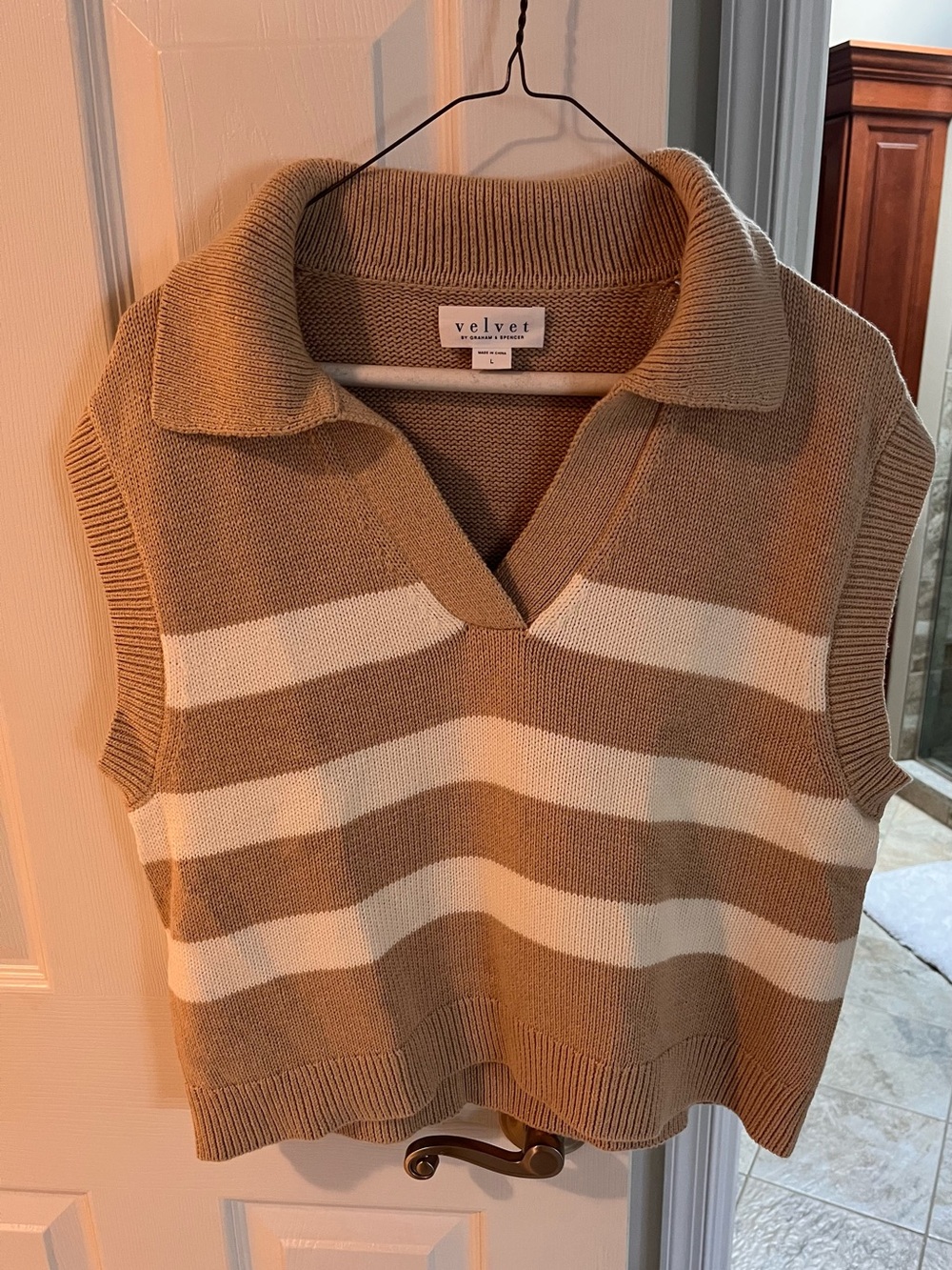 Velvet by Graham & Spencer Tan & Cream Striped V-Neck Knit Vest